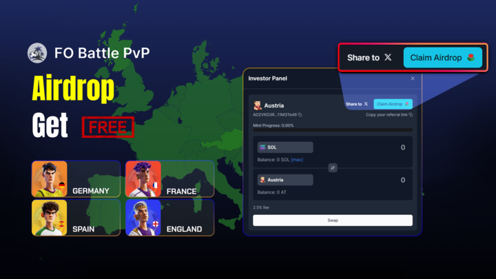 🎉SPL Tokens Airdrop Open

🌟Step 1:Go to battle.footballoasis.tech

🌟Step 2:Connect your wallet and ensure you have 1 SOL.

🌟Step 3:Select the avatar of your favorite team,enter the dialogue box

🌟Step 4:Click'Share to X',and then click 'Claim Airdrop'to receive airdrop.