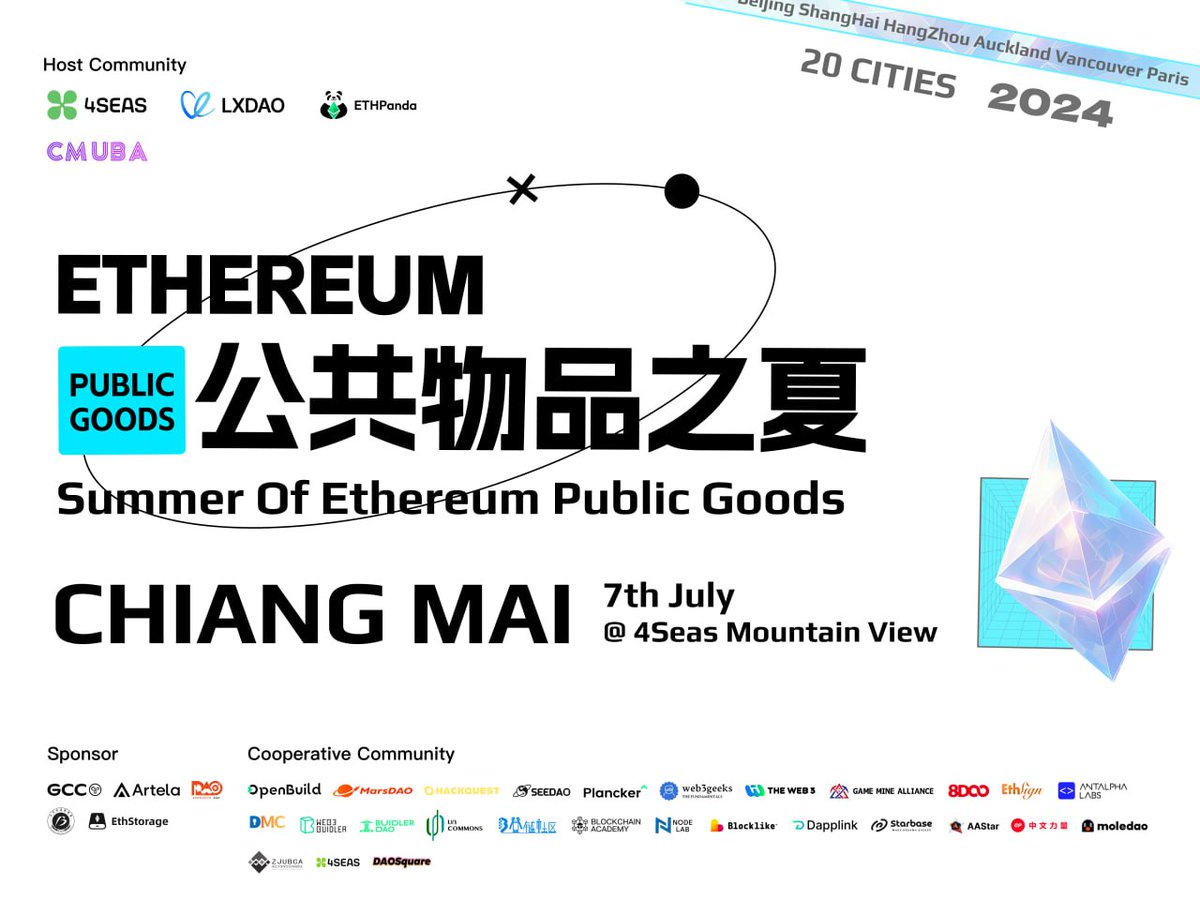 延期的公共物品之夏 ChiangMai 站终于又来了，7 月 7 日四海 Mountain View 度假村。

活动链接：lu.ma/mp24njfi

<a href="/4seasDeSoc/">4Seas</a> <a href="/ethpanda_org/">ETHPanda</a> <a href="/LXDAO_Official/">LXDAO</a> #PublicGoods