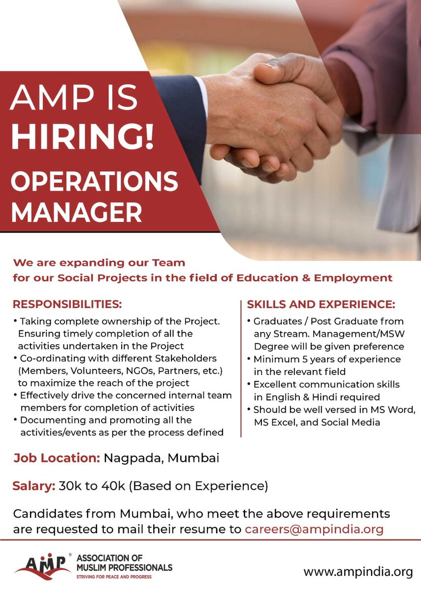 AmpIndia's tweet image. 🌟 Job Opportunity
AMP is hiring an Operations Manager in Mumbai!

Responsibilities: project oversight, stakeholder coordination, team management
Requirements: 5+ years&apos; experience, MS Office/social media skills.

 Apply at: careers@ampindia.org
#OperationsManager #MumbaiJobs