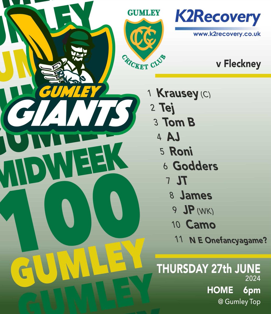 Gumley Cricket Club (@gumleycc) on Twitter photo Tonight's GCC <a href="/K2Recovery/">K2 RECOVERY</a> team hosting <a href="/fvcc/">Fleckney Village CC ๐ก๐ข</a> at the Top, 6pm start ish. One short, if anyone wants to be a hero! #The100 ๐๐ Tonight's GCC <a href="/K2Recovery/">K2 RECOVERY</a> team hosting <a href="/fvcc/">Fleckney Village CC ๐ก๐ข</a> at the Top, 6pm start ish. One short, if anyone wants to be a hero! #The100 ๐๐