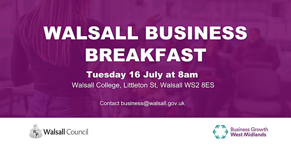 🚨**EVENT** 🚨

Join us at The Hub, <a href="/Walsall_College/">Walsall College</a> on July 16th (8-10.30) for a Walsall Business Breakfast where we'll be talking SME grants, Net Zero &amp; Decarb support and Recruitment &amp; Skills support.

Book via the link or email business@walsall.gov.uk

eventbrite.co.uk/e/walsall-busi…