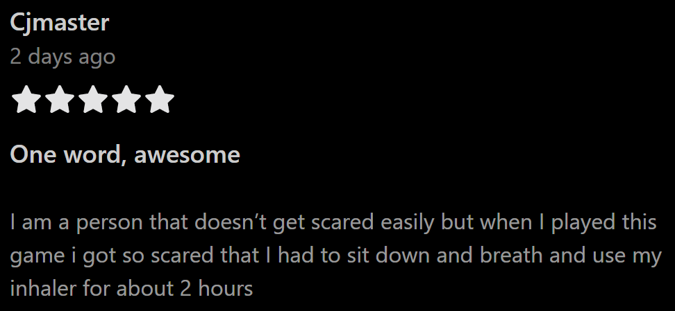 Checking in to see how people have been enjoying my game #NOPECHALLENGE. I love these reviews. I wonder if we put a virtual inhaler in the game's virtual "Breather Space" if people would use it. #MetaQuest2  #MetaQuest3 #indiedev #vr