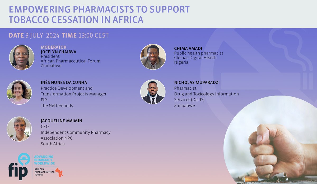 FIP and the African Pharmaceutical Forum invite you to an event addressing the burden of tobacco use in the region and the role pharmacists play in tobacco cessation. Join us on 3 July at 13:00 CEST: us02web.zoom.us/webinar/regist…