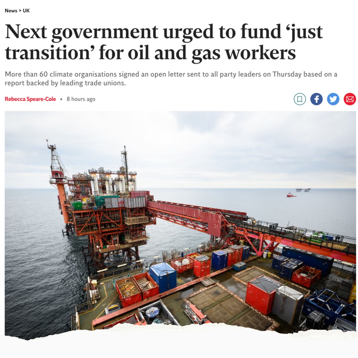NEW 🚨: 60+ climate organisations call on the incoming government to fund a just transition for North Sea workers and communities.

Alongside phasing out oil + gas, the next govt must commit to:

🔨a UK-wide industrial strategy
✊🏽expanding trade union rights
✅a Jobs Guarantee