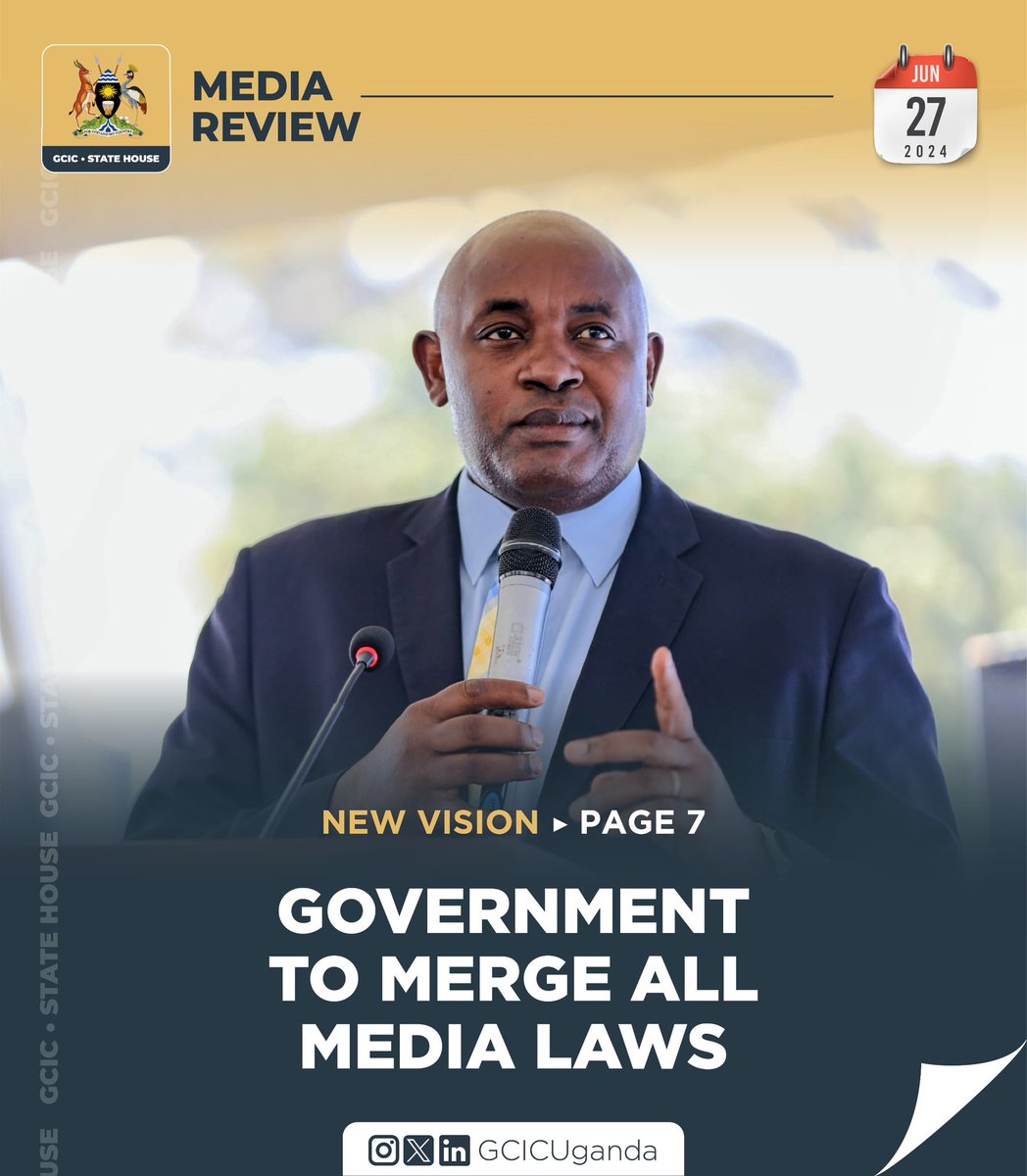 GCICUganda's tweet photo. The @GovUganda is to merge all media-related laws, a comprehensive law will adequately regulate into that the country's media industry. @CHRISBARYOMUNS1, the Minister of @MoICT_Ug said the ministry is drafting a comprehensive communication policy and a national guidance policy that are key in streamlining the sector. 
#GCICMediaReview #OpenGovUg
