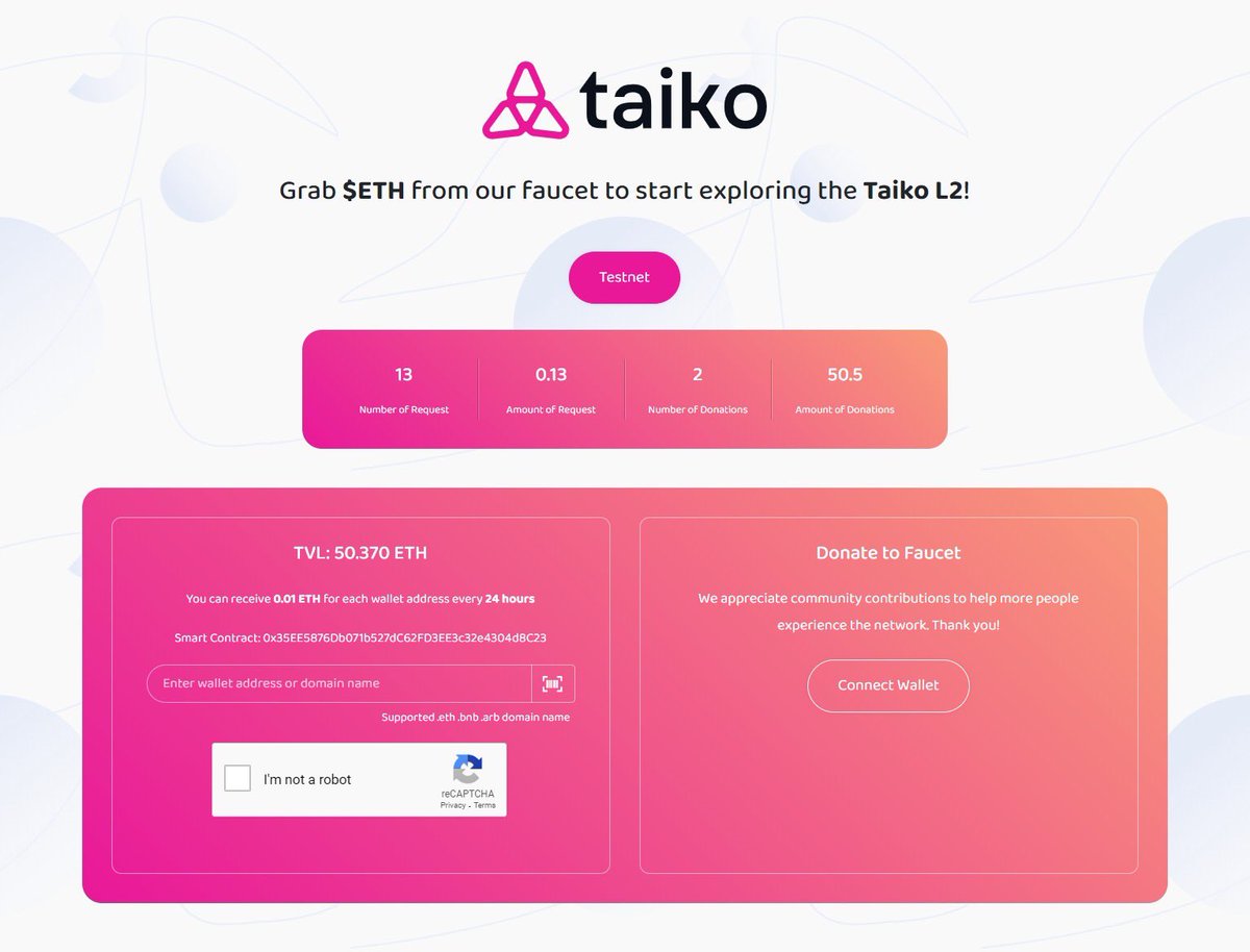 Chains.tools ๐ ๏ธ All-in-one crypto toolbox (@chains_tools) on Twitter photo ๐ The #Web3 faucet tool is now live on <a href="/taikoxyz/">Taiko.eth ๐ฅ</a>
Claim $ETH #Testnet from our faucet and explore #TaikoL2 at chains.tools/faucet/taiko ๐
Perfect for testing, development, and exploration purposes.
<a href="/BuiltOnTaiko/">Built on Taiko</a> #TKO #EVM ๐ The #Web3 faucet tool is now live on <a href="/taikoxyz/">Taiko.eth ๐ฅ</a>
Claim $ETH #Testnet from our faucet and explore #TaikoL2 at chains.tools/faucet/taiko ๐
Perfect for testing, development, and exploration purposes.
<a href="/BuiltOnTaiko/">Built on Taiko</a> #TKO #EVM
