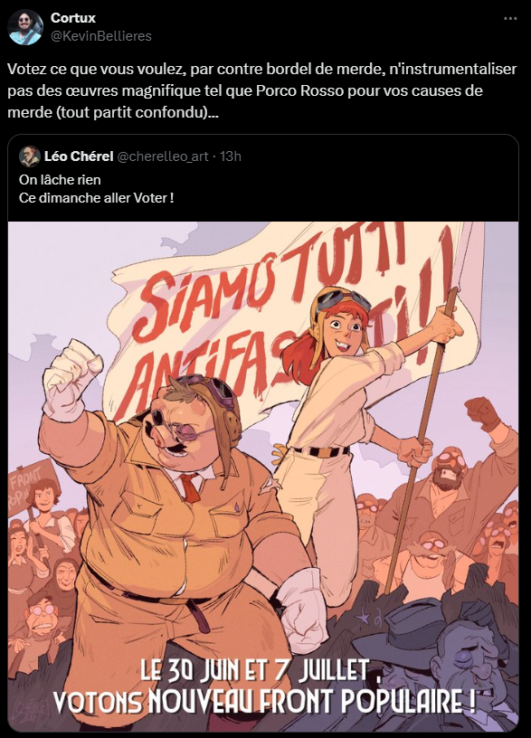 docteurbagarre's tweet photo. Encore et toujours le mensonge pour essayer de contredire la vérité visible et audible par tous.

Porco Rosso PARLE de l'antifascisme. C'est juste dans les dialogues et propos de l'œuvre. https://t.co/qbZFsLdDER