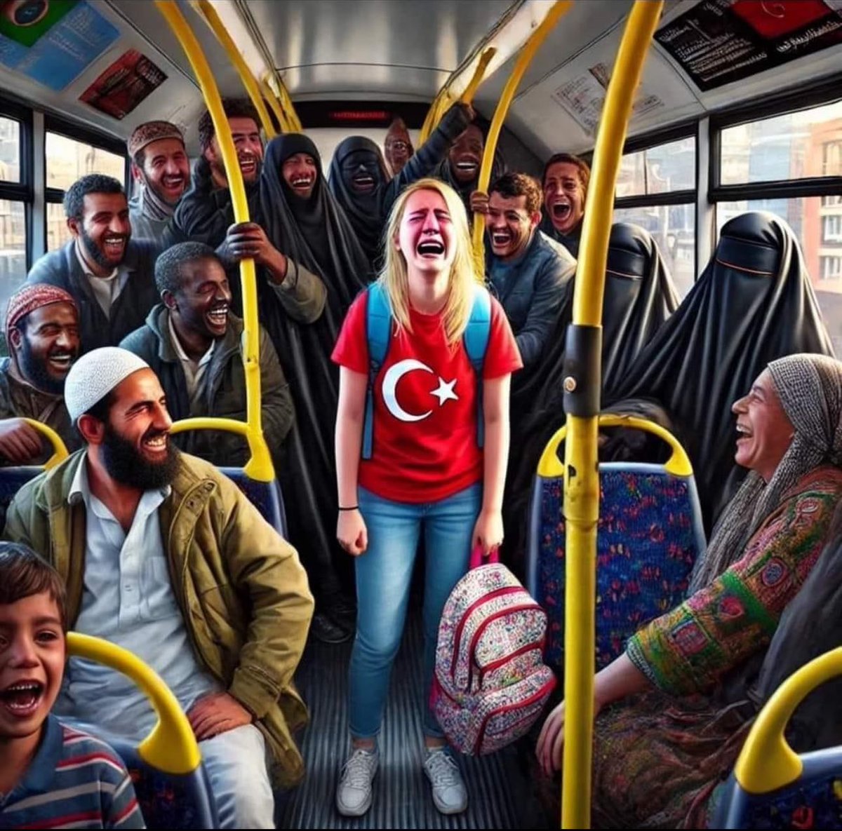 Sosyal medyada dolaşıma giren temsili şu fotoğrafın bir gün gerçek olabileceğini lütfen hafızalarınızda tutun. Demografik yapımız bozulmaya başladı; nüfus istatistiklerine göre böyle giderse on beş yirmi yıl sonra Türkler azınlık olacak! Bugün göç sorununa çanak tutanların
