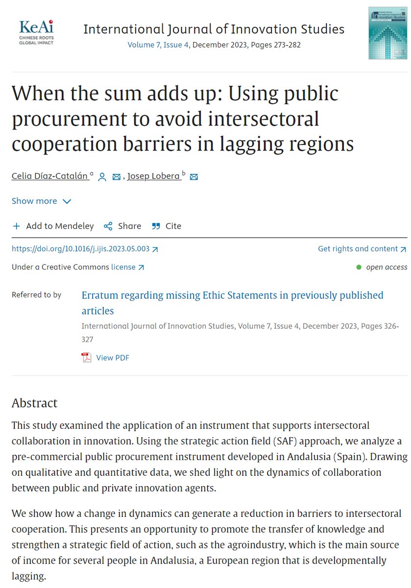 📰#NewArticle in 2023  

"When the sum adds up: Using public procurement to avoid intersectoral cooperation barriers in lagging regions"  

By Celia Díaz-Catalán and Josep Lobera

#Innovation #Procurement 

Read more: sciencedirect.com/science/articl…