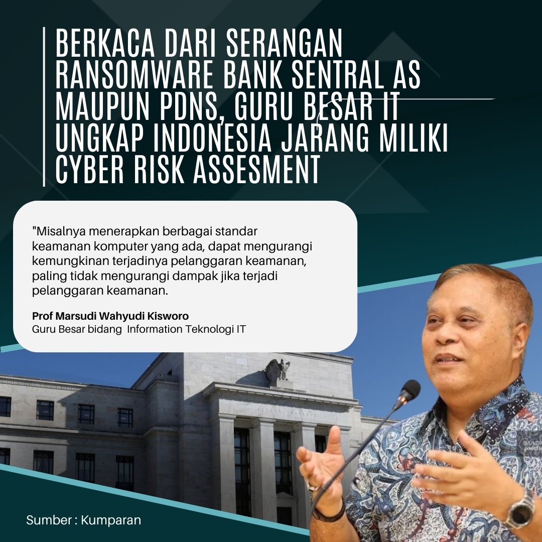 netizenupdate_'s tweet photo. Berkaca dari serangan Ransomware bank Sentral AS maupun PDNS, Guru besar It Ungkap Indonesia jarang miliki Cyber Risk Assesment
#Berita #pdns #pusatdatanasional #IT #securty #cybersecurity #ransomwere #virus #kabarindonesia #Marsudiwahyudi #profesor #banksentral #T20WorldCup https://t.co/SOSUQdZdiY