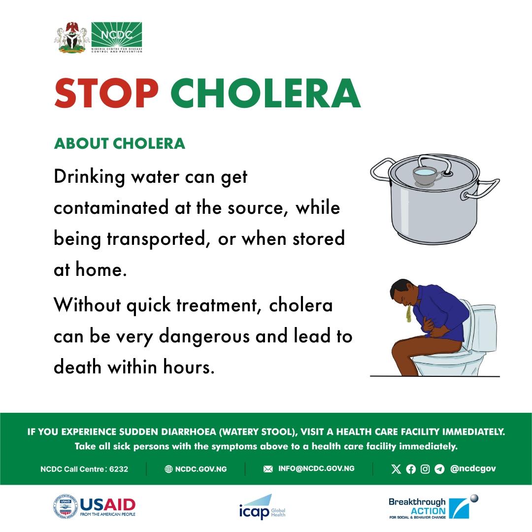 #Cholera is a food and water-borne disease.

Ensure your water is safe before use:
➡️BOIL water before drinking
➡️USE water from safe sources
➡️STORE water in properly covered containers

 #STOPCholera