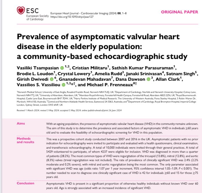 vass_vassiliou's tweet image. 1/2 How much asymptomatic & undiscovered valve disease is there?
A lot! 28% in fact.
See our latest work in #EHJ Imaging for our paper with #WIC @justvick
academic.oup.com/ehjcimaging/ad…
@mmamas1973 @DrMarthaGulati @purviparwani @AnastasiaSMihai @iamritu @Hragy @CMichaelGibson