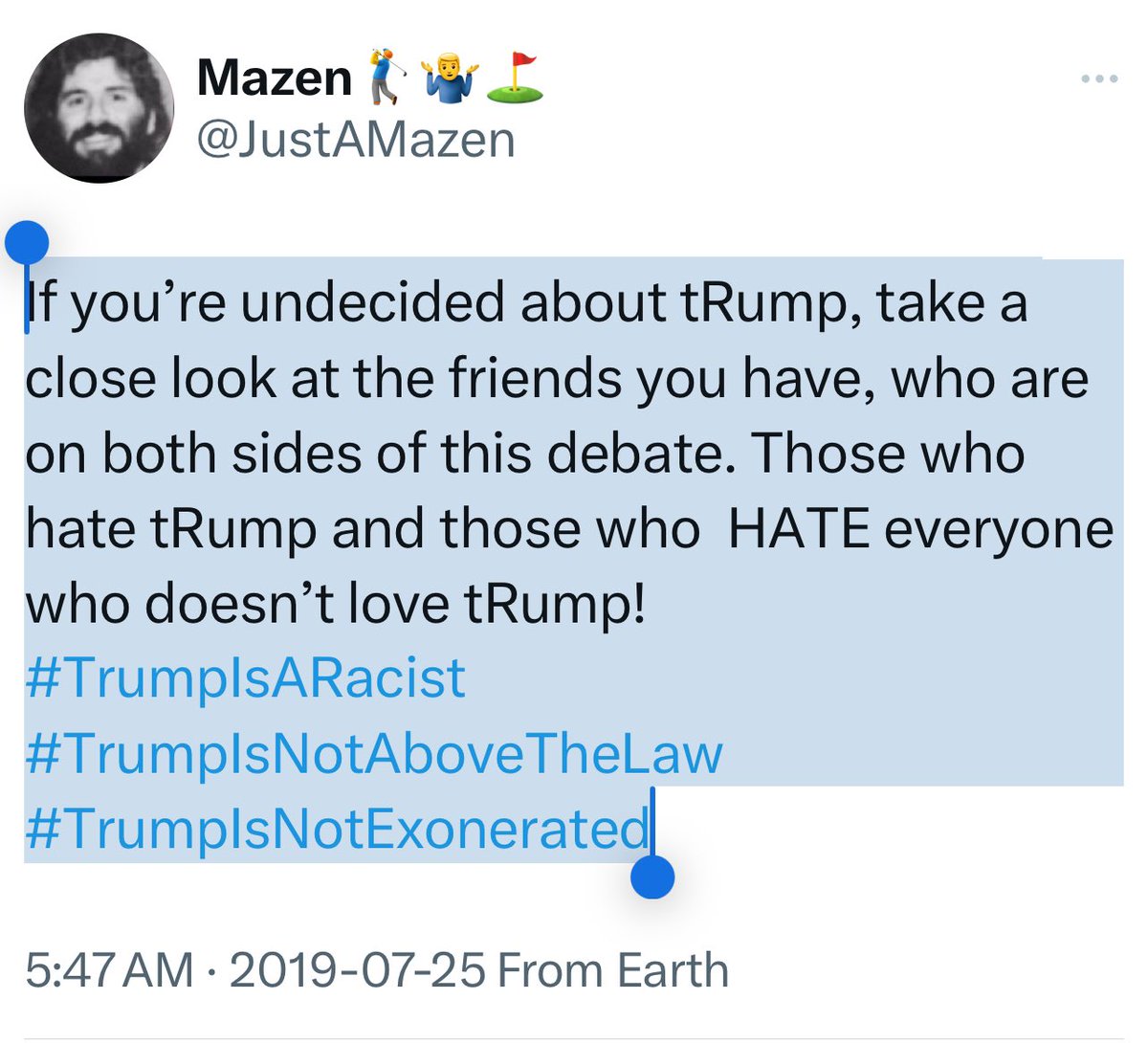 JustAMazen's tweet photo. Nothing seems to change in US
If you’re undecided about tRump, take a close look at the friends you have, who are on both sides of this debate. Those who hate tRump and those who HATE everyone who doesn’t love tRump!
#TrumpIsARacist #TrumpIsNotAboveTheLaw
#TrumpIsNotExonerated https://t.co/MyW5vMoFUn