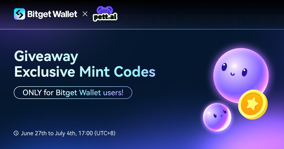 It's happening! #BitgetWallet and <a href="/pett_ai/">pett.ai</a> are teaming up for an exclusive giveaway:
200 Bitget Exclusive Mint Codes up for grabs! 🎉

Pett.ai is the Number #1 AI Companion built on @Base and playable on <a href="/telegram/">Telegram Messenger</a> app!

📝 Simply:
1️⃣ Follow @bitgetwallet and