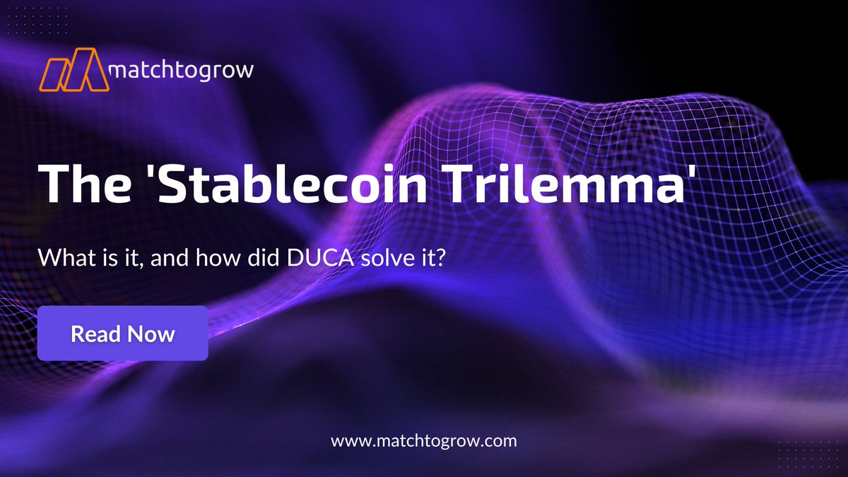 matchtogrow's tweet photo. With the creation of $DUCA, Ducata is not only solving money, they’re solving the holy grail of DeFi: The Stablecoin Trilemma. Curious how they did it?

Check out their article detailing how DUCA solves the trilemma and goes beyond your regular stablecoin: https://t.co/tBwRbWLlNd

#MTG #MatchToGrow #StablecoinTrilemma #DeFi #Web3 #Crypto #Duca