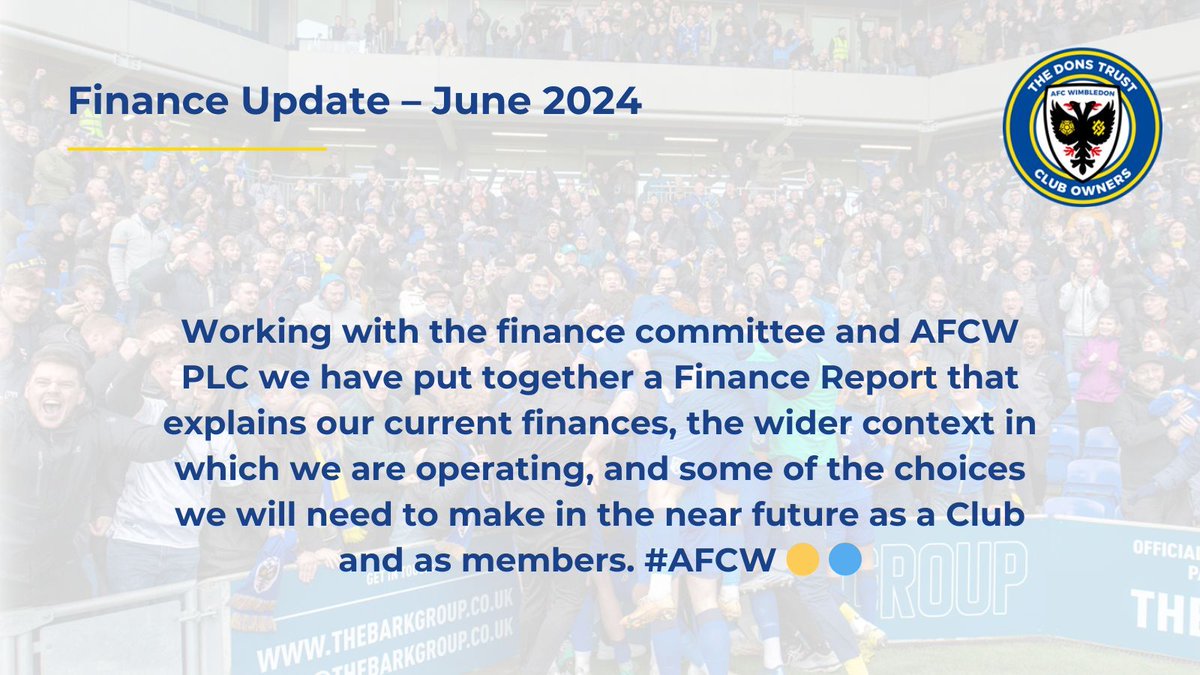TheDonsTrust's tweet photo. Working with the finance committee and AFCW PLC, we have put together a Report that explains current finances, the wider operating context and some of the choices we will need to make in the near future as a Club and as members.

https://t.co/t3nT18k9Q8 

#AFCW  🟡 🔵 https://t.co/hMZm3ge9mW