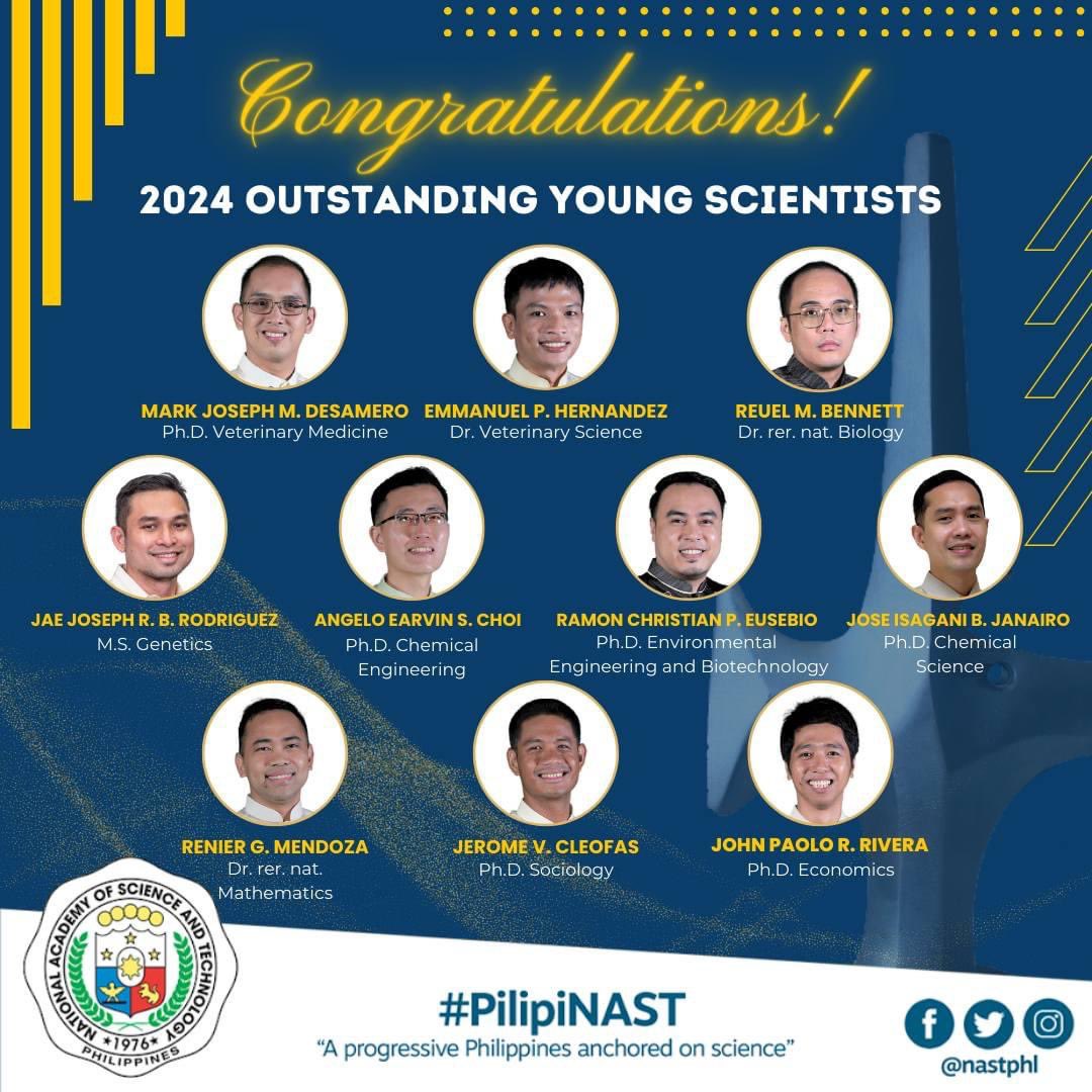 Congratulations to the 2024 Outstanding Young Scientists! 

The OYS Award is given to young Filipino scientists (not more than 40 years old in the year of the awarding) who have made significant contributions to science and technology in the country.

#PilipiNAST #OneSOST4U