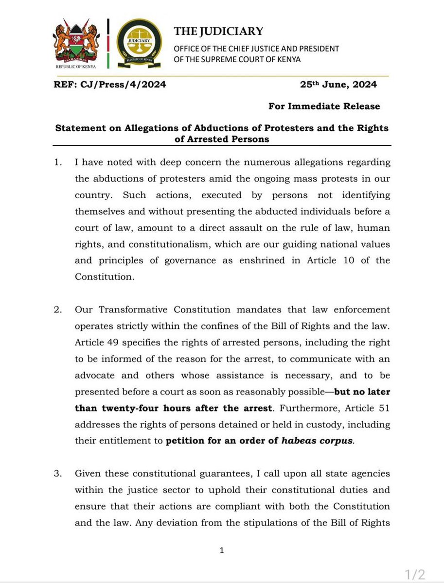 The Kenyan CHIEF JUSTICE has also issued a statement on the arrests and abductions of Protestors.

They have not only condemned it but also promised to open the courts up, even on Sunday, to support the prompt release of protestors. 

They have also reminded the Police of their