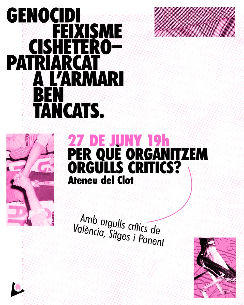 Ens veiem avui a l'<a href="/AteneuDelClot/">Ateneu del Clot</a> per fer xarxa amb <a href="/PalmeresRoses/">Les Palmeres Roses</a> <a href="/OrgullCriticVLC/">Orgull Crític València</a> <a href="/ColorsdePonent/">Colors de Ponent</a> i xerrar sobre com organitzem una resistència  de l'orgull fora del capitalisme rosa. Si ho fem juntes sempre va millor ✊🏾❤️