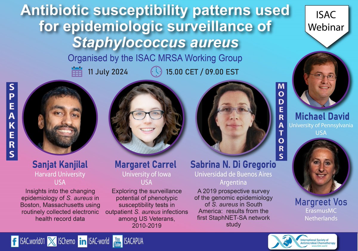 ISAC_world's tweet photo. 🌟Webinar announcement🌟
ISAC invites you to its next free webinar
"Antibiotic susceptibility patterns used for epidemiologic surveillance of #Staphylococcus aureus"
Organised by the ISAC #MRSA Working Group
📆11 July ⏰15.00CET /09.00EST
https://t.co/SIRYrPlRNj
#Staphylococcal https://t.co/6nihs6Zl4A