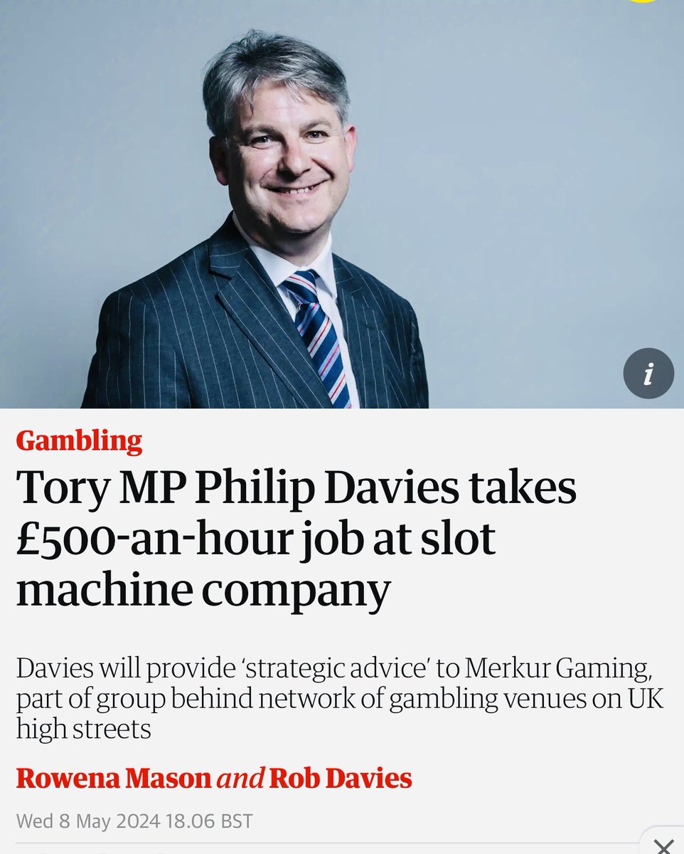 Philip Davies who placed an £8,000 bet against himself in this election is well known for his links to the gambling industry 

<a href="/guardian/">The Guardian</a> reported in May that he now has a £500/hour job with a slot machine firm

&amp; £50,000 in one yr advising Entain

Sunak knighted him
Course he did