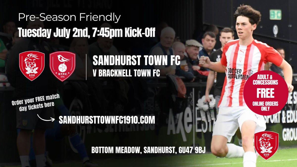 Sandhursttownfc's tweet photo. Pre-Season is almost here. The #Fizzers host @BracknellTownFC at Bottom Meadow, Tuesday July 2nd - 7.45pm K/O.

Adult &amp; Concessions FREE entry  - ONLINE ONLY. On the gate prices: Adult &amp; Concessions £5, U18s FREE.

To order your FREE tickets please visit: https://t.co/2hmgDNoLKj https://t.co/jM1A13xLdK