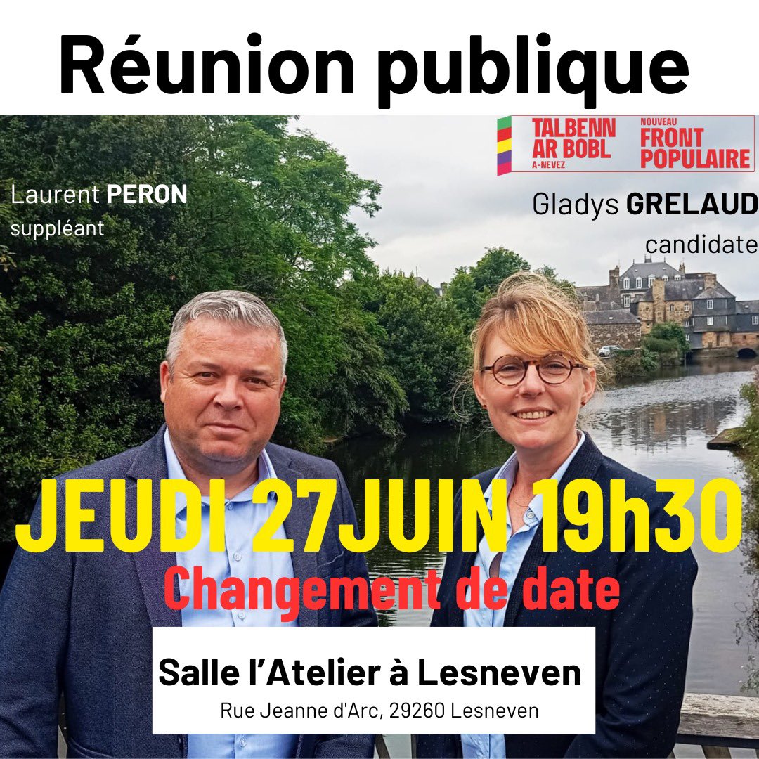 UESR 29 (@uesr29) on Twitter photo 🚨Réunion publique ce soir avec <a href="/GladysGrelaud/">gladys grelaud</a> et <a href="/PERONLaurent/">Laurent PERON</a> 🚨
📅 À 19h30
📍Salle l'Atelier, Rue Jeanne d'Arc, #Lesneven
#Finistère #Circo2905 #Législatives #NouveauFrontPopulaire 🚨Réunion publique ce soir avec <a href="/GladysGrelaud/">gladys grelaud</a> et <a href="/PERONLaurent/">Laurent PERON</a> 🚨
📅 À 19h30
📍Salle l'Atelier, Rue Jeanne d'Arc, #Lesneven
#Finistère #Circo2905 #Législatives #NouveauFrontPopulaire