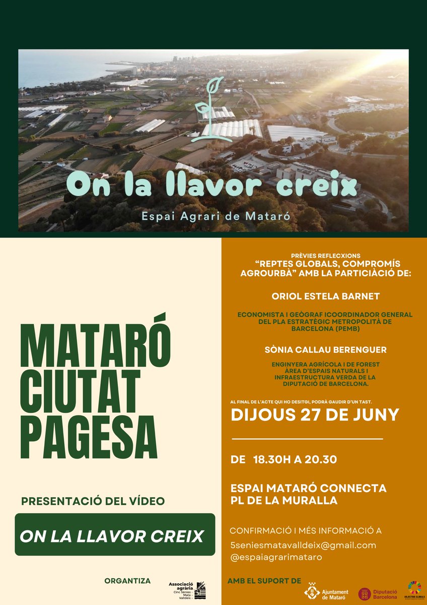 📢Avui a les 18:30h, no et perdis la presentació del vídeo “On la llavor creix” organitzada per l’#EspaiAgrariMataró amb el suport de <a href="/Diba/">Diputació de Barcelona</a>!

Sònia Callau, coordinadora de <a href="/BCNSmartRural/">BCN Smart Rural</a>, abordarà el compromís agrourbà del territori👩‍🌾

📍Espai Mataró Connecta

#ParcsAgraris
