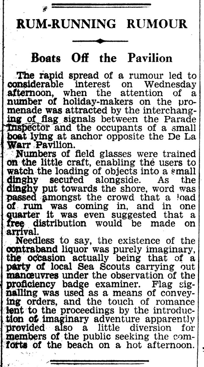 bexhillmuseum's tweet photo. "Rum-Running Rumour.
Boats Off the Pavilion.
The rapid spread of a rumour led to considerable interest on Wednesday...Needless to say, the existence of the contraband liquor was purely imaginary, the occasion actually being that of a party of Sea Scouts..." @BexhillObs 27.6.1936 https://t.co/tKcXNmObtE