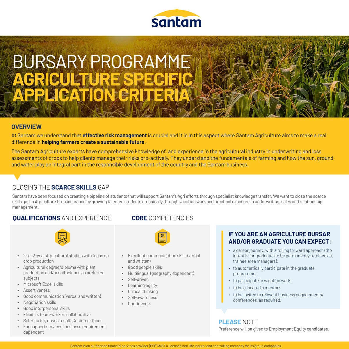 SantamInsurance's tweet photo. Attention Agriculture Students!🌾
Santam is offering a bursary for 2nd year to Honours students ready to kickstart their careers. Click on the link https://t.co/3D9CAGu47Q to check the criteria and apply!
🗓️ Applications close: 30 September 2024
#SantamBursary #SantamInsurance https://t.co/Pf2QZmbW0h