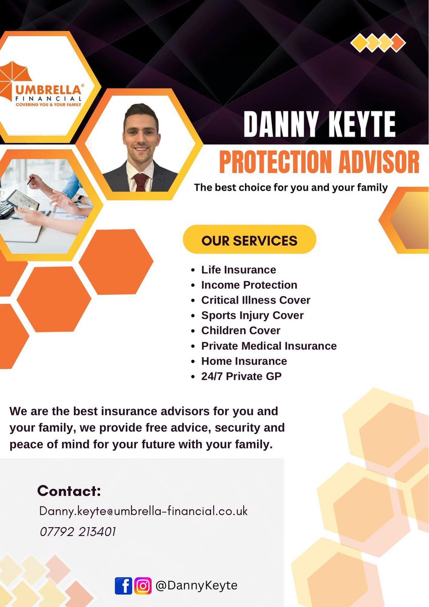 You see me posting a lot about injury cover but I also offer free advice/quotes on everything you see below, 

Get in touch for more information 📱 

📱 - 07792 213401 
📧 - Danny.keyte@umbrella-financial.co.uk
💬 - DM 

#LifeInsurance #CriticalIllness #IncomeProtection #Family
