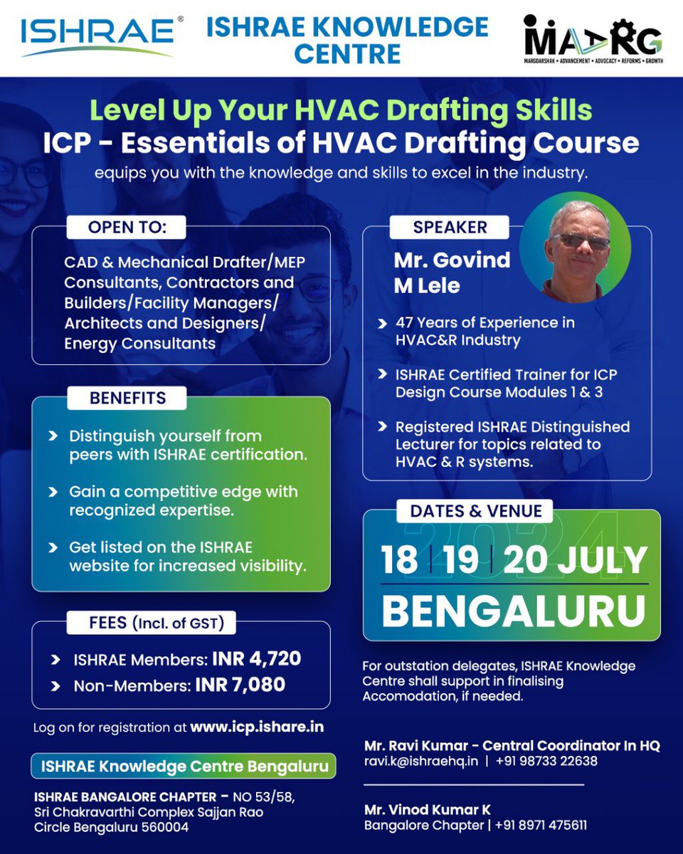 Elevate your HVAC career with ISHRAE's "Essentials of HVAC Drafting" certification!

Dates: 18th July to 20th July 2024.
Location: ISHRAE Knowledge Centre, Bangalore 
Contact Person: Mr. Vinod Kumar K.
Contact no: +918971475611

#ISHRAECertified #HVACExcellence #CareerElevator