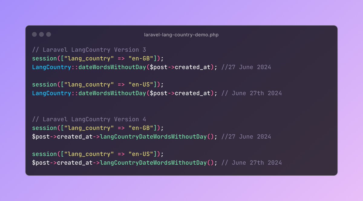 Version 4 of the #laravel LangCountry package will include Carbon macro's for all the helpers, so you can use them directly on your Carbon instances + IDE autocomplete. (The Facade will be backward compatible!). ETA ~ august 🚚 stefro.github.io/laravel-lang-c…