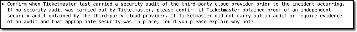 PrivacyMatters's tweet photo. And someone please let me know if there's any class action in the works over this breach because I am SICK AND TIRED of my data being breached. Enough. #TicketMasterBreach
One of the Qs I've asked Ticketmaster https://t.co/7JUxq74VIR