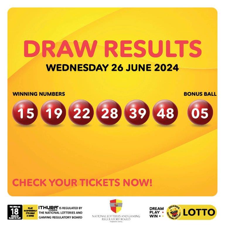 newvisionwire's tweet photo. AD
#DrawResults for 26/06/2024 are:
#LOTTO: 15, 19, 22, 28, 39, 48
#BONUSBALL: 05
In case you missed the TV show, watch it here > https://t.co/UNXKpuyr05
#UgandaNationalLottery @LotteryUganda https://t.co/jvahzTfxnk