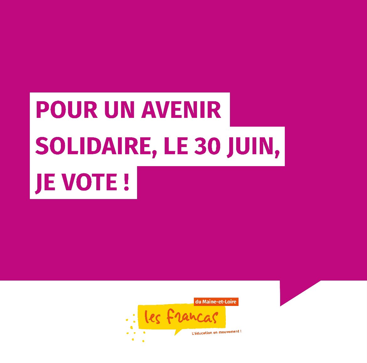 [Mobilisation] 

Car nous ne pouvons pas rester sans rien faire, car nous voulons une société solidaire, militants de la cause de l’enfance et de la jeunesse, le 30 juin, je vote ! 🗳️ 

Vous souhaitez nous rejoindre, n’hésitez pas à nous contacter !