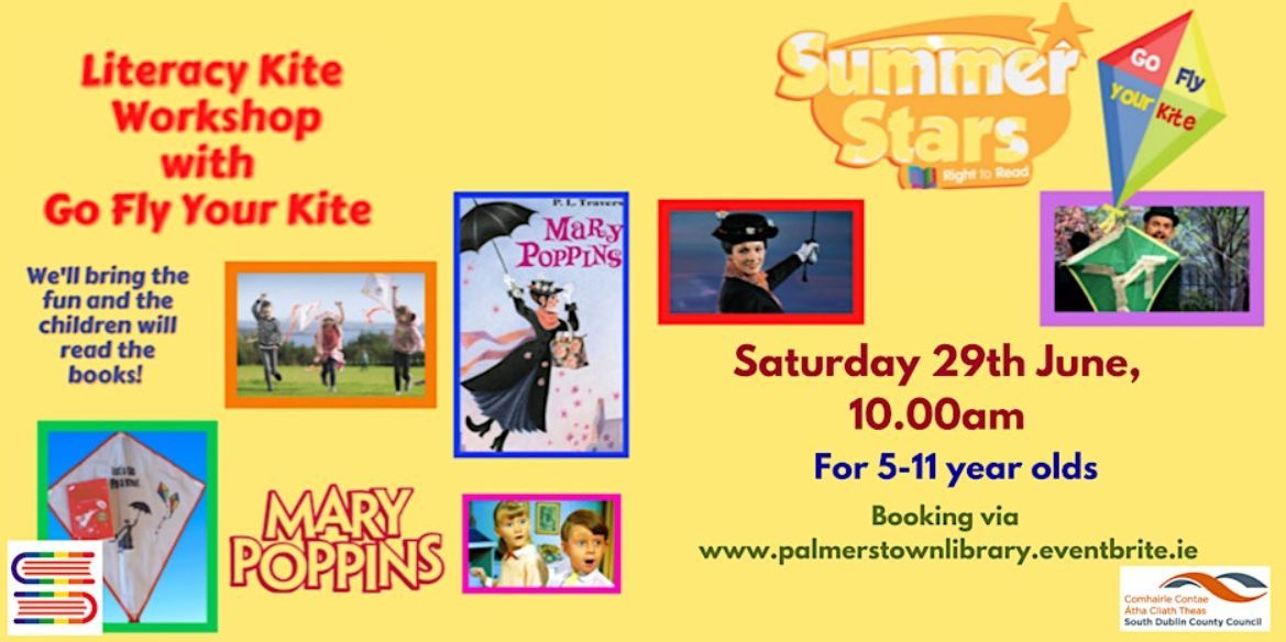 sdublincoco's tweet photo. Palmerstown Library Saturday 29th June 10.00am

Go Fly Your Kite - Looking at 'Mary Poppins' written by PL Travers. Readings, songs, video clips and puzzles, plus each child takes home their Mary Poppins kite that flies!

For kids age 5-11.

Booking via https://t.co/5XJvNIjC7o https://t.co/Q17o5itmYG