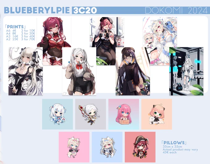 Last minute #Dokomi2024 catalog, made with a lot of help ! You can find me at 3C20!Character shaped pillows and last year's charms (niji) are low in stock and won't restock! 