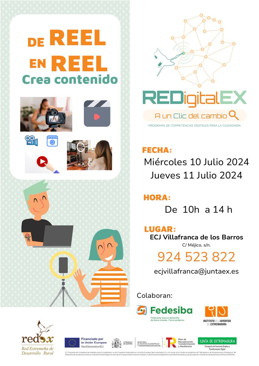 ecjvillafranca's tweet photo. Llega al Ecj Villafranca el taller formativo"𝐃𝐞 𝐑𝐞𝐞𝐥 𝐞𝐧 𝐑𝐞𝐞𝐥"  que abordará la creación de contenido digital y el manejo de herramientas para crear material para redes sociales.
📷Más info y reservas:
ecjvillafranca@juntaex.es
924 52 38 22- 686 810 282 https://t.co/Dmzs6AwQDJ