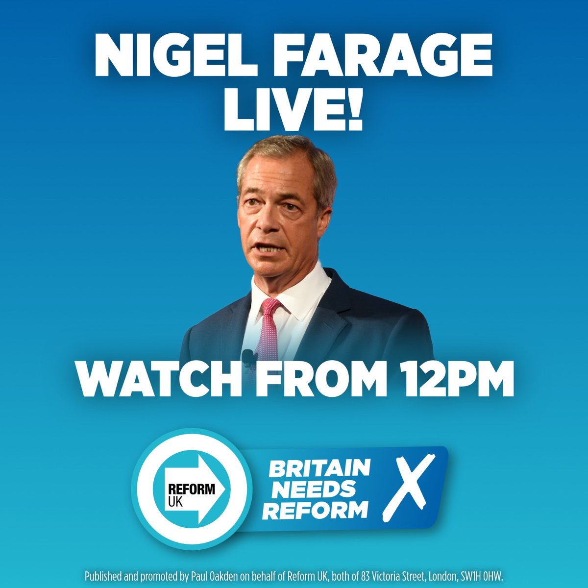🚨Tune in from 12:00 to watch Nigel Farage LIVE.

📺 It will be live on our X, Facebook and YouTube pages.