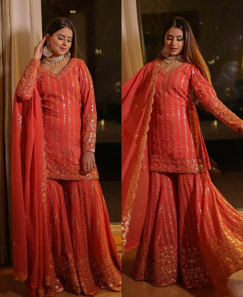 EricaaTextile's tweet photo. Red Faux Georgette Sharara Suit with Thread with Sequence work with Palazzo Pants &amp; Dupatta Set for USA Women, Ethnic Summer Clothing https://t.co/U2NaRFdNfR
