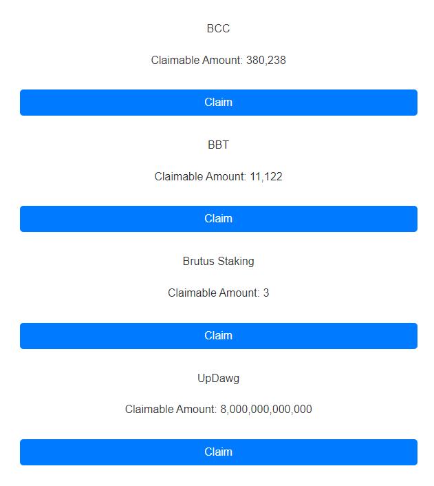 CFTTRC20's tweet photo. You can now claim 

$BCC From @CocoBabyChick 
$BBT From @TuruGlobal 
$BRST From @Brutusfinance 
$UDAWG From @uDawgDAO https://t.co/hcCOBc1umE