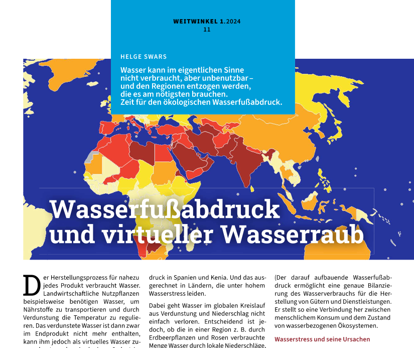 Neuer WEITWINKEL tinyurl.com/29ey8mld (S.11-12): Wie hängen Wasserstress und (#virtuellem) #Wasserraub zusammen, erfahren Sie im Beitrag von Helge Swars vom Bund Für Umwelt Und Naturschutz BUND #Bayern.
#Menschenrechte #wassergerechtigkeit #zugangzuwasser #waterjustice #wasser