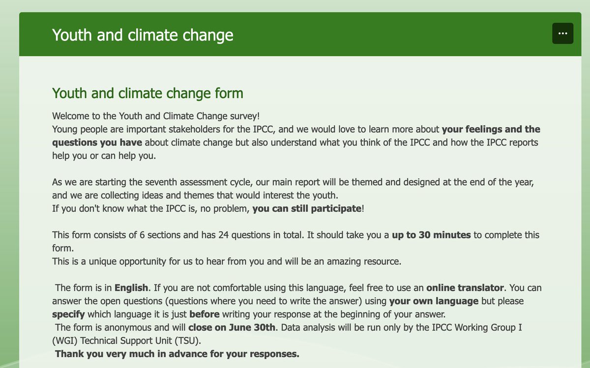 For young people (&lt;30yr-old) interested in the <a href="/IPCC_CH/">IPCC</a> process &amp; #AR7, the #IPCC WGI bureau has a survey on youth &amp; climate change (deadline: June 30):
forms.office.com/pages/response…
@RobertVautard <a href="/hansen_gerrit/">Dr. Gerrit Hansen</a> <a href="/ADiongueNiang/">Dr Aïda DIONGUE-NIANG</a> <a href="/amabrowneklutse/">Prof Nana Ama Browne Klutse</a> <a href="/Sherilee_H/">Sherilee Harper</a> <a href="/InesCamilloni/">Ines Camilloni</a> <a href="/ma_rupakheti/">Maheswar Rupakheti (महेश्वर रुपाखेती)</a>
