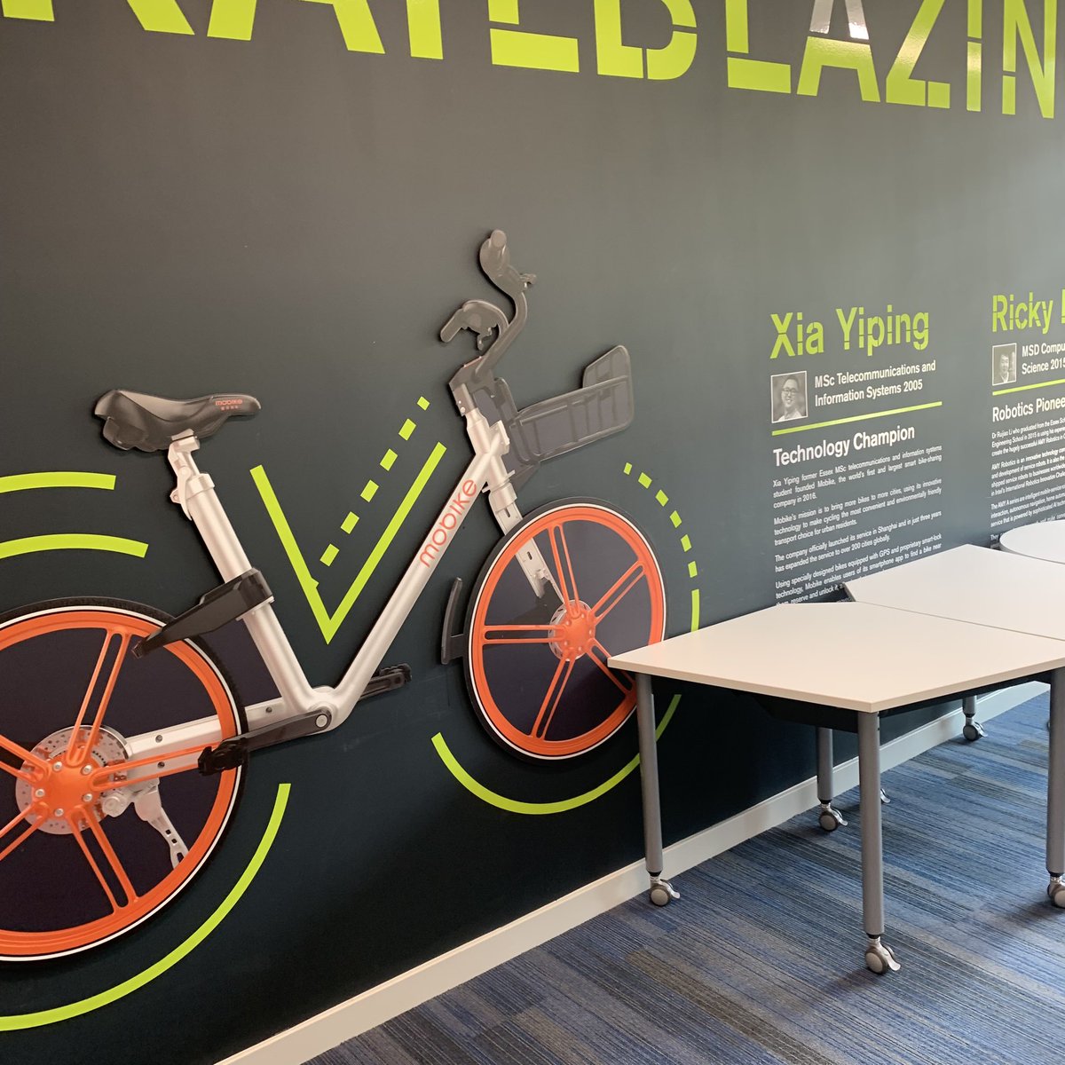 Visiting <a href="/Uni_of_Essex/">University of Essex</a> #innovationcentre yesterday, (more about that later) surprised to see a couple of <a href="/Mobike/">Mobike</a> <a href="/MobikeUK/">Mobike UK</a> cycles up there, and then to see <a href="/XiaYiping/">Joe</a> et al still celebrated! It is the OG!  <a href="/MMP_Mobility/">Micromobility Partners</a> - back in the day!!