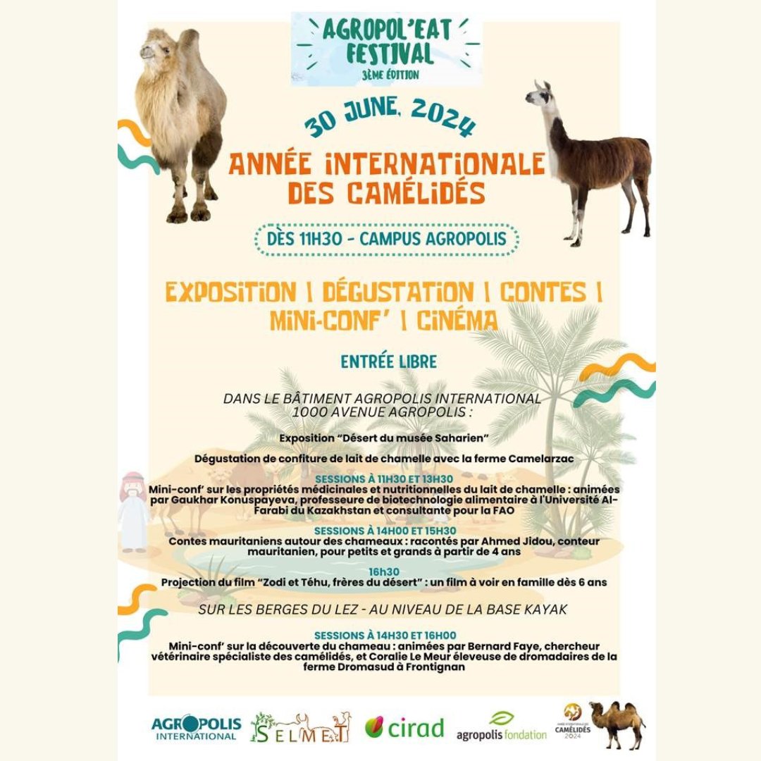 Cirad (@cirad) on Twitter photo En cette #AnnéeDesCamélidés 🐫🦙retrouvez les scientifiques du #Cirad et de l'unité mixte de recherche <a href="/SelmetUmr/">UMR Selmet</a> au Festival Ageropol'Eat !
🗓️ Dimanche 30 juin
🕦 Dès 11h30
📌Sur le campus <a href="/Agropolis/">Agropolis International</a>
🎟 Entrée libre
Plus d'infos 👉agropoleat-festival.com/programme/came…
#annéedescamélidés En cette #AnnéeDesCamélidés 🐫🦙retrouvez les scientifiques du #Cirad et de l'unité mixte de recherche <a href="/SelmetUmr/">UMR Selmet</a> au Festival Ageropol'Eat !
🗓️ Dimanche 30 juin
🕦 Dès 11h30
📌Sur le campus <a href="/Agropolis/">Agropolis International</a>
🎟 Entrée libre
Plus d'infos 👉agropoleat-festival.com/programme/came…
#annéedescamélidés