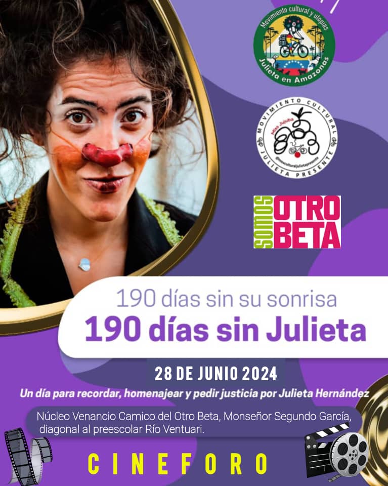 A ¡SEIS MESES SIN JULIETA!
Este viernes desde las 5:30pm, en el marco de esta gran convocatoria te invitamos a asistir al Cineforo sobre la Violencia Basada en Género.  Lugar: Núcleo Venancio Camico, sede del Otro Beta Amazonas en Monseñor Segundo García.