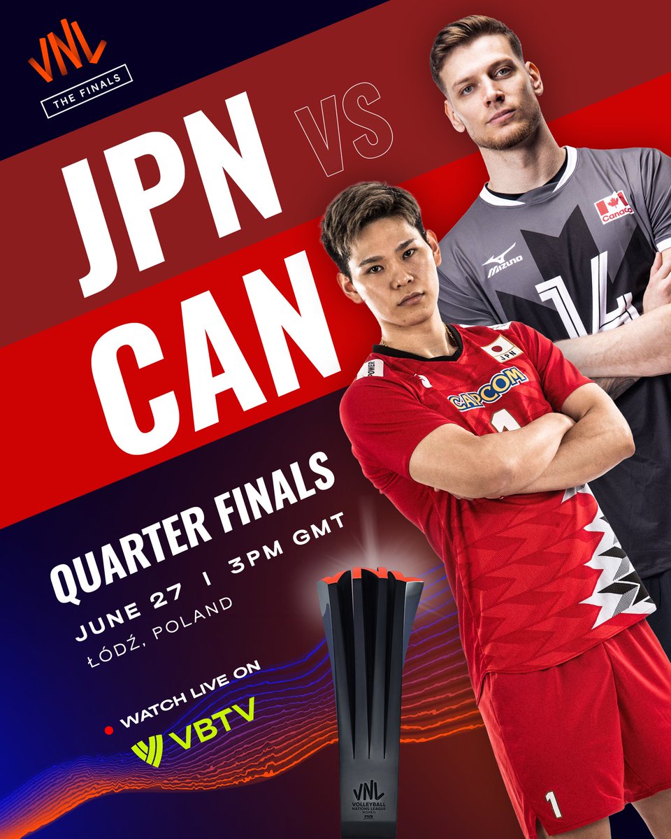 volleyballworld's tweet photo. MEN’S QUARTERFINALS TODAY 🤯!

These teams are one step closer for VNL glory so who are you cheering for? 

📺 LIVE TODAY JUNE 27 ON https://t.co/zzCMhUGYmw.

🤩 QUARTERFINALS:

June 27
Japan 🇯🇵 🆚 🇨🇦 Canada
Poland 🇵🇱 🆚 🇧🇷 Brazil 

June 28
Italy 🇮🇹 🆚 🇫🇷 France 
Slovenia 🇸🇮 🆚 🇦🇷 Argentina

🤯 SEMIFINALS: June 29

🏆 FINALS: June 30

🏐 #VNL2024 #volleyball #VNLFinals #VNLodz
