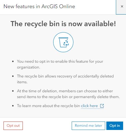 Addy Pope (@gis4he) on Twitter photo another <a href="/ArcGISOnline/">ArcGIS Online</a> update and some cool features like a recycle bin! Saves you from those Dooooh! moments. Site Admins need to enable it - more info - esri.com/arcgis-blog/pr… another <a href="/ArcGISOnline/">ArcGIS Online</a> update and some cool features like a recycle bin! Saves you from those Dooooh! moments. Site Admins need to enable it - more info - esri.com/arcgis-blog/pr…