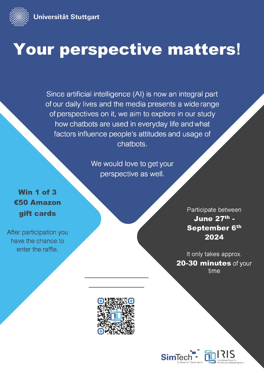 YOUR #PERSPECTIVE MATTERS - JOIN STUDY AND WIN! Take part in a meaningful study by Tabea Berberena  on the use and perception of chatbots in everyday life. soscisurvey.de/intelligentalg… (open June 27 - September 8, 2024)
Enter the raffle to win one of three €50 Amazon gift cards.